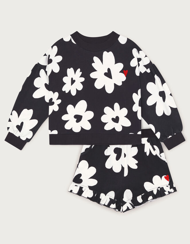 Floral Sweatshirt and Shorts Set, Black (BLACK), large