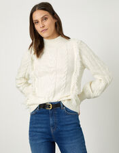 Cable Knit Bobble Fringe Jumper, Ivory (IVORY), large