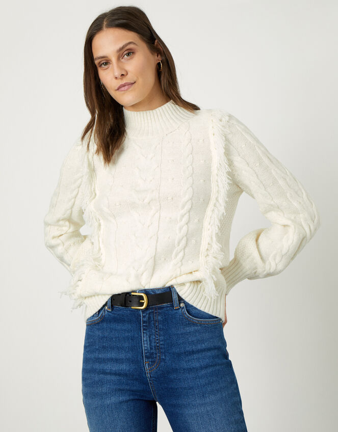 Cable Knit Bobble Fringe Jumper, Ivory (IVORY), large