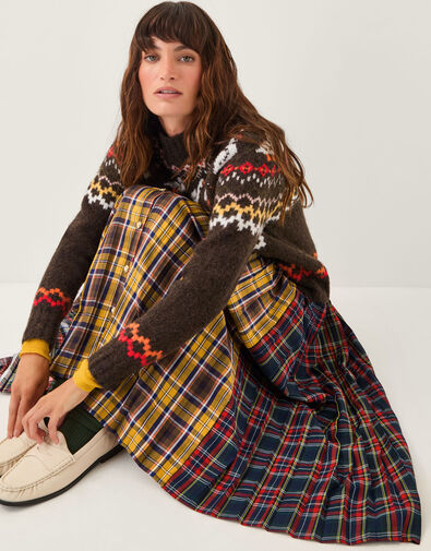 Monsoon x Sarah Corbett-Winder Tartan Pleated Midi Skirt, Yellow (YELLOW), large