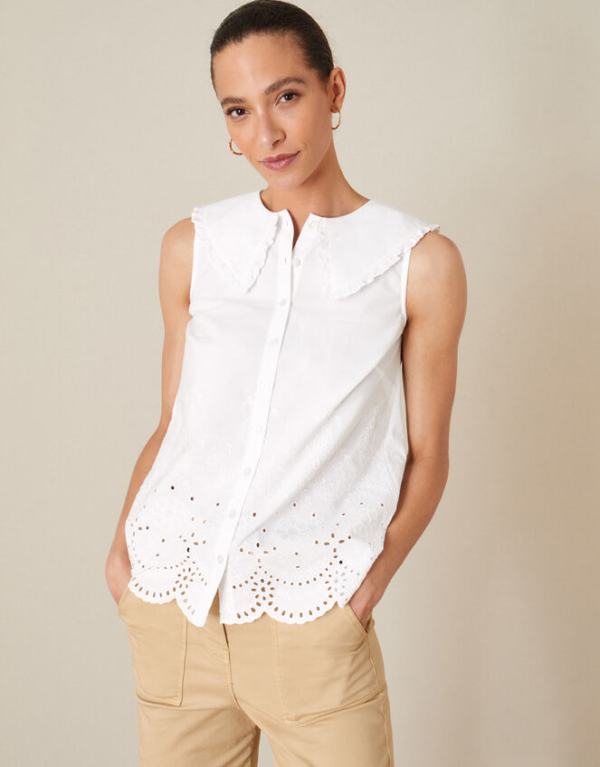 Sleeveless Broderie Blouse, White (WHITE), large