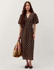 Paris Puff Sleeve Polka Dot Midi Dress, Brown (CHOCOLATE), large