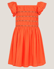 Smocked Square Neck Dress, Orange (ORANGE), large