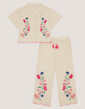 Floral Embroidered Shirt & Trousers Set, White (WHITE), large