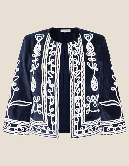 Embroidered Velvet Jacket, Blue (NAVY), large