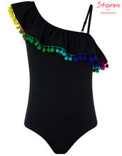 Pom-Pom One-Shoulder Textured Swimsuit, Black (BLACK), large