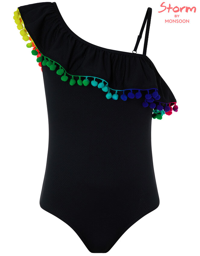 Pom-Pom One-Shoulder Textured Swimsuit, Black (BLACK), large