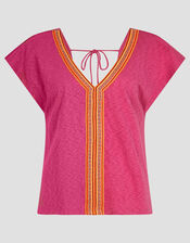 Elena Embroidered V-Neck Jersey T-Shirt, Pink (PINK), large