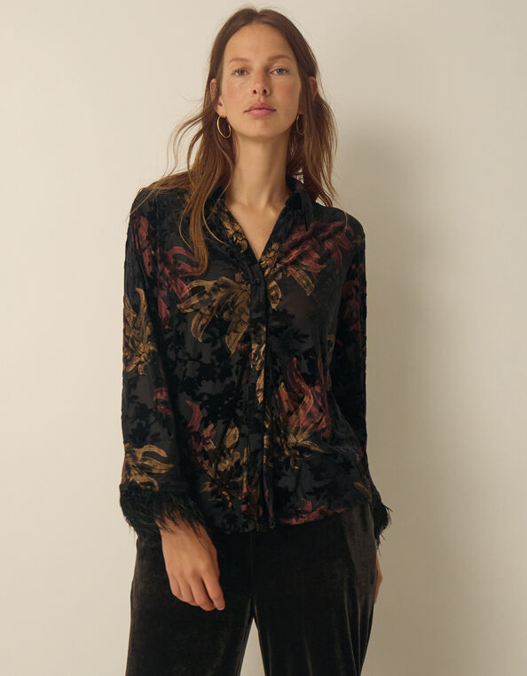 Dora Faux Feather Floral Devor&eacute; Shirt, Black (BLACK), large