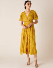 Valerie Sequin Embroidered Tea Dress, Yellow (OCHRE), large