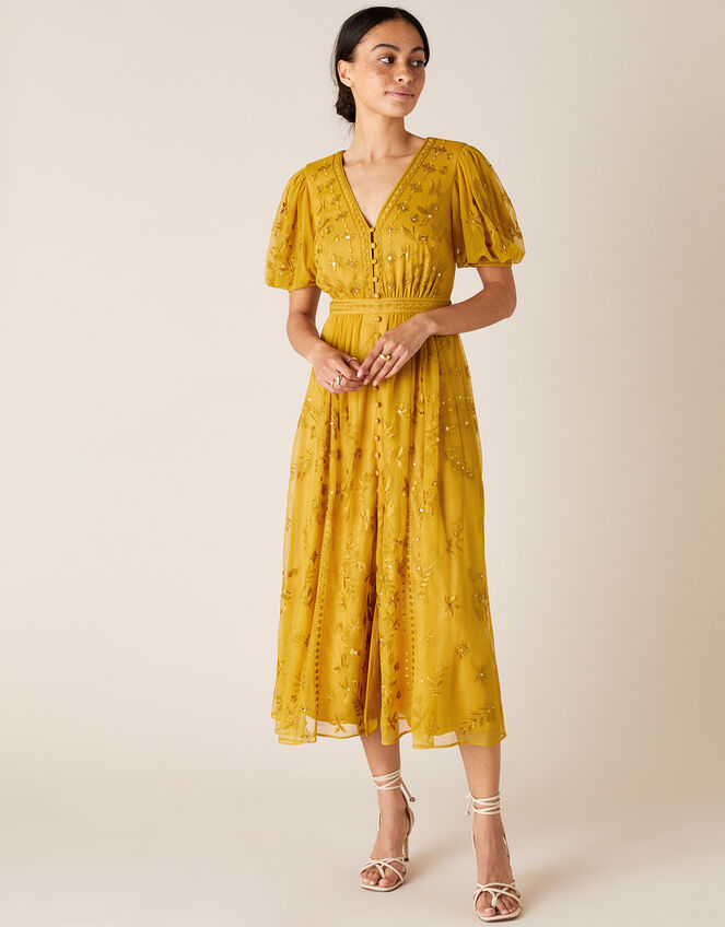 Valerie Sequin Embroidered Tea Dress, Yellow (OCHRE), large