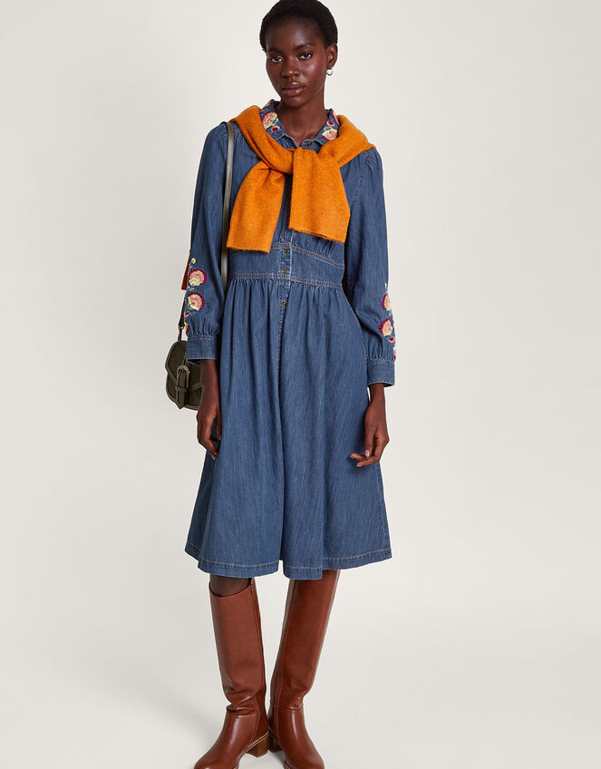 Embroidered Denim Midi Shirt Dress Blue