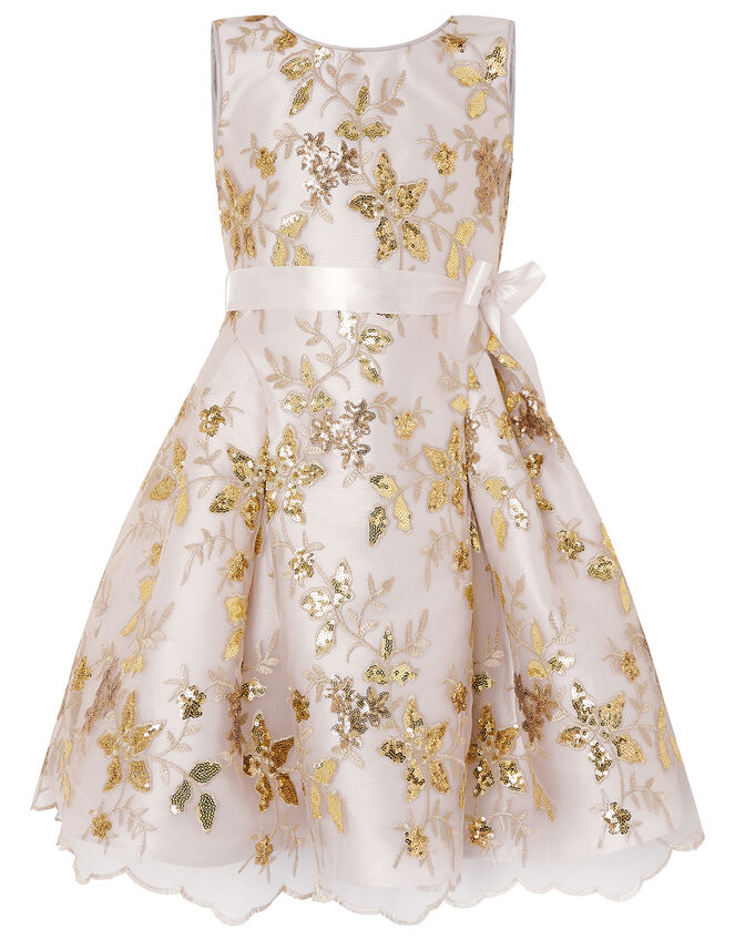 Floral Sequin Bow Back Dress, Gold (GOLD), large