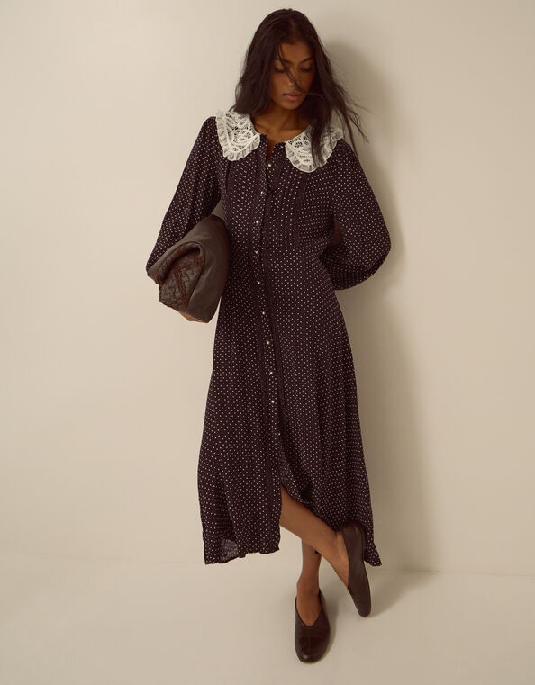 Shae Lace Collar Polka Dot Midi Dress, Brown (CHOCOLATE), large