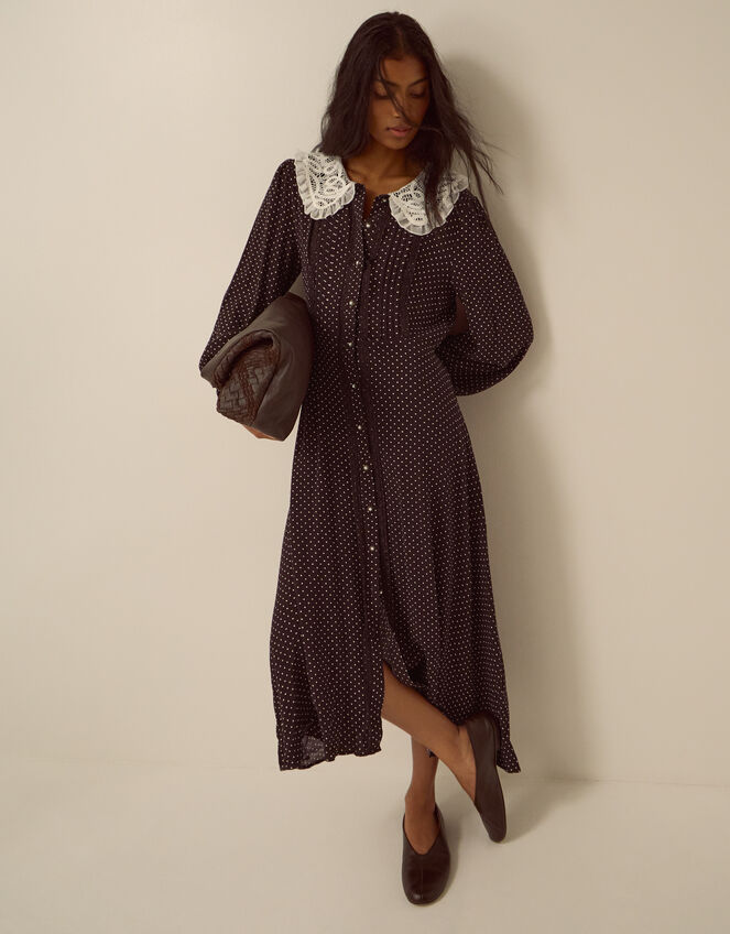 Shae Lace Collar Polka Dot Midi Dress, Brown (CHOCOLATE), large