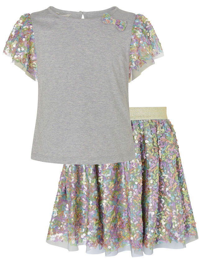 Rainbow Sequin T-shirt and Skirt Set, Grey (GREY), large