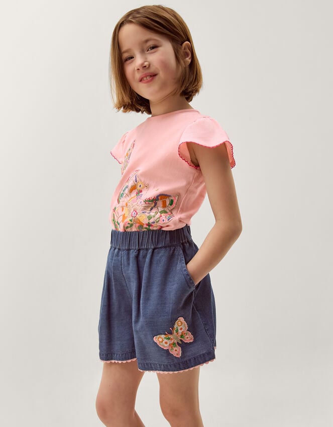 Butterfly Embroidered Pull On Shorts, Blue (BLUE), large