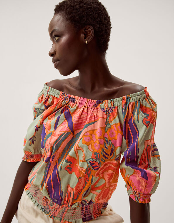 Carmen Bardot Floral Print Top, Green (SAGE), large