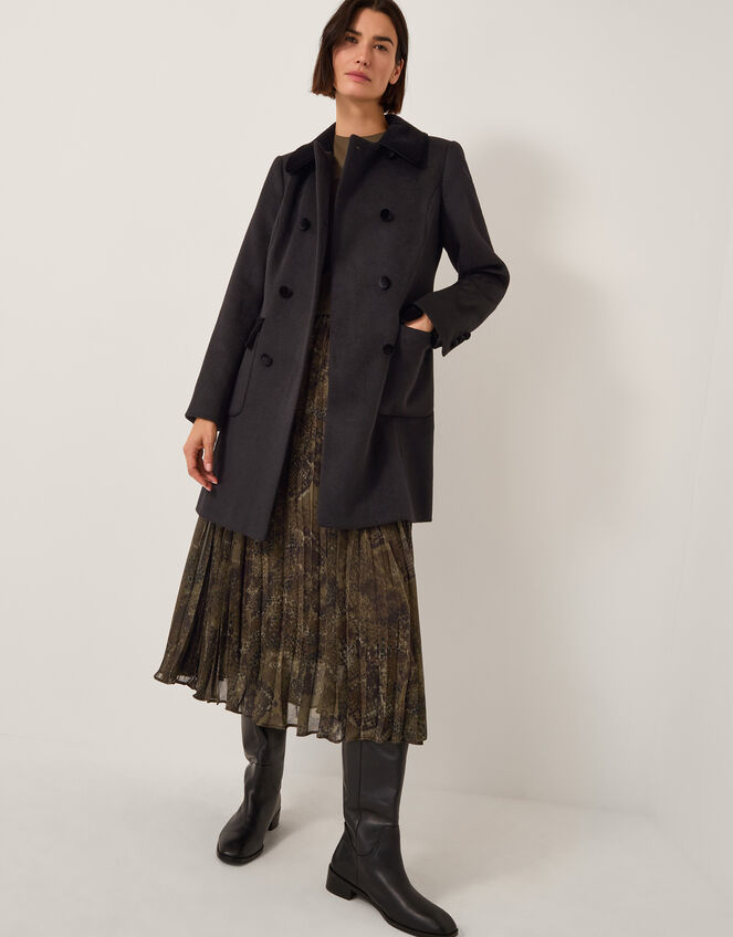 Lottie Velvet Trim Double Breasted Coat, Black (BLACK), large