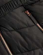 Belted Faux Fur Hooded Coat, Black (BLACK), large