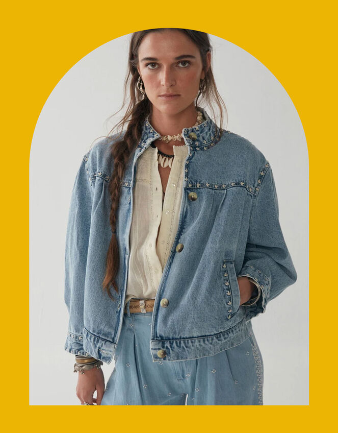 Maison Hotel Embroidered Denim Jacket, Blue (PALE BLUE), large
