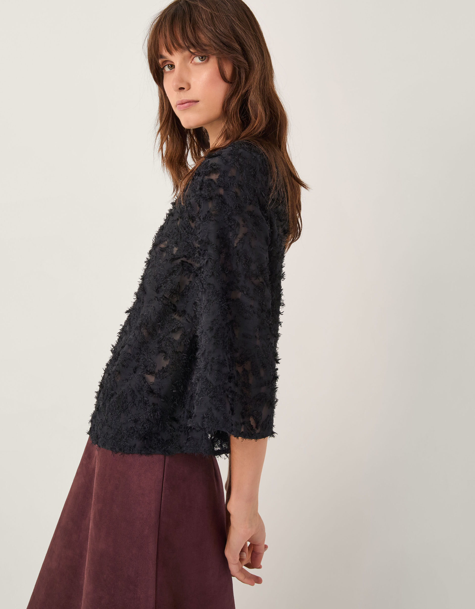 Chrissy Sheer Textured ¾ Sleeve Top Black