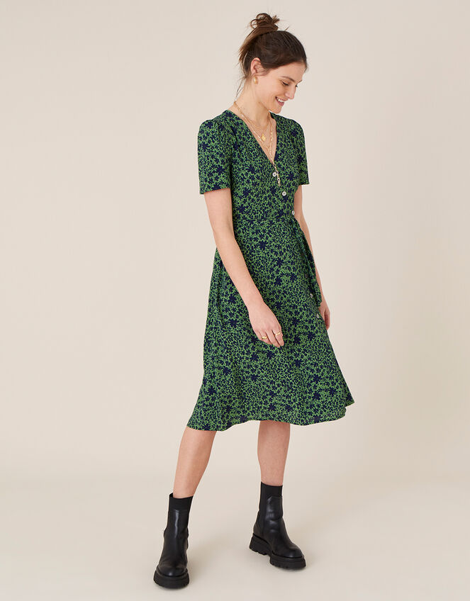 Printed Short Sleeve Wrap Dress, Green (GREEN), large