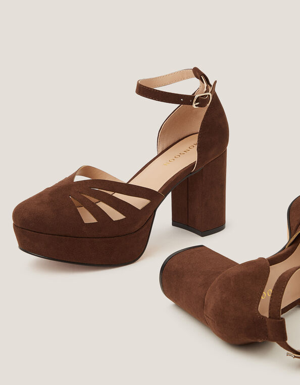 Iris Cutwork Platform Heels, Brown (CHOCOLATE), large