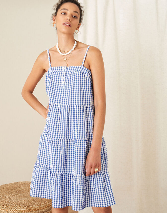 Gingham Dress in Pure Cotton, Blue (BLUE), large