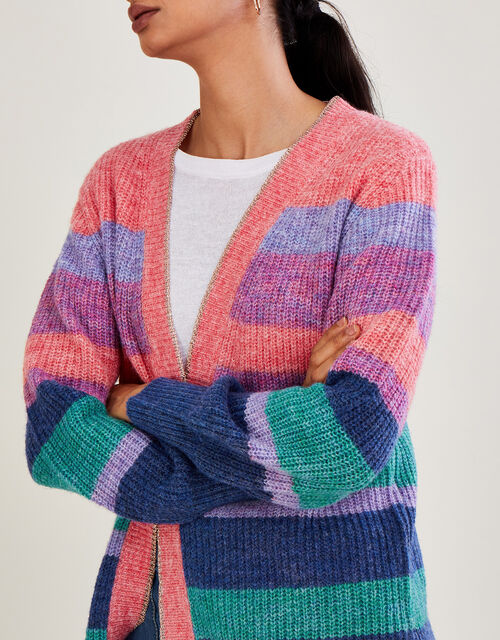 Longline Stripe Cardigan with Recycled Polyester, Pink (PINK), large
