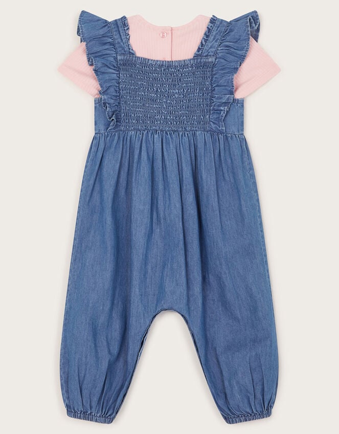 Baby Chambray Embroidered Romper, Blue (BLUE), large