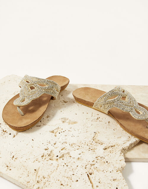 Embellished Leather Footbed Sandals, Silver (SILVER), large