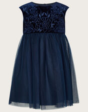 Baby Odette Velvet Embroidered Dress, Blue (NAVY), large