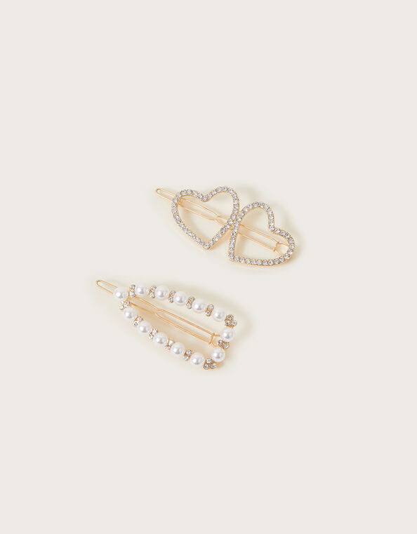 Diamante Heart and Pearl Slides Set of Two, , large