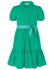 Puff Sleeve Belted Shirt Dress, Green (GREEN), large