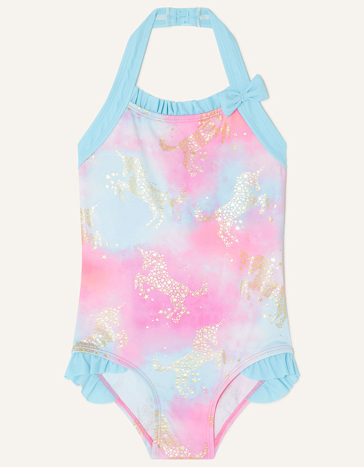 Unicorn Foil Ruffle Trim Halter Swimsuit Pink