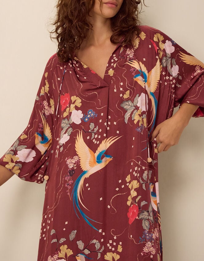 Clemence Seraphine Floral Print Satin Midi Tunic Dress, Red (BURGUNDY), large