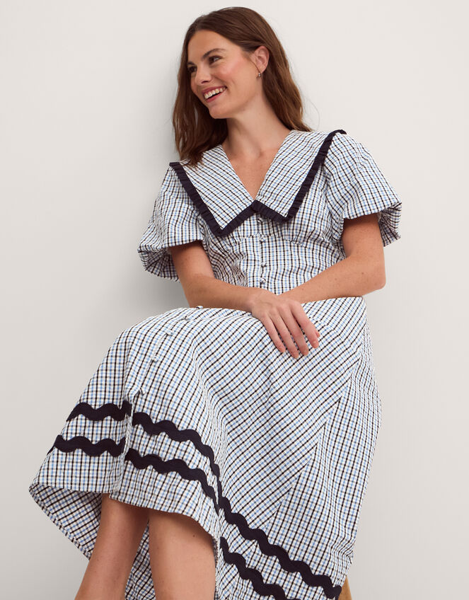 Riley Puff Sleeve Check Print Midi Dress, Blue (BLUE), large