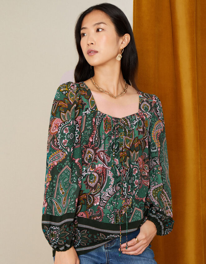 Elaina Paisley Square Neck Top, Green (GREEN), large