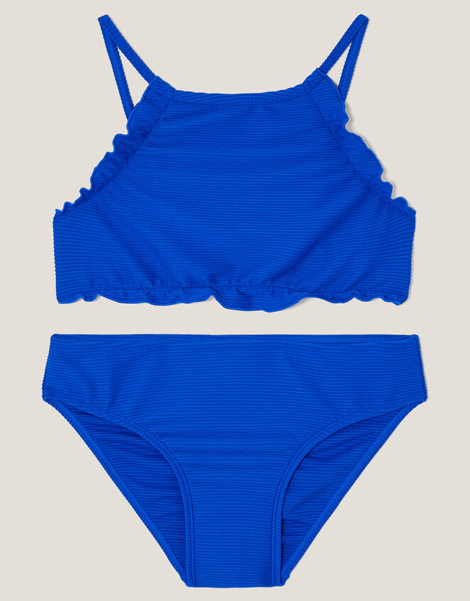 Ribbed Scallop Trim Bikini Set, Blue (BLUE), large