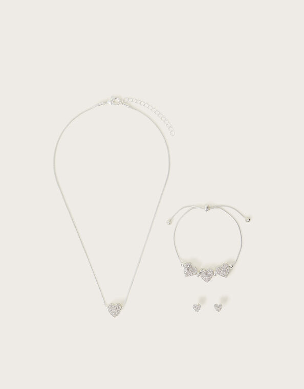 Diamante Heart Earrings Necklace and Bracelet Set, , large