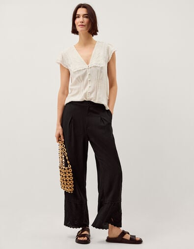 Cindy Embroidered Wide Leg Trousers, Black (BLACK), large