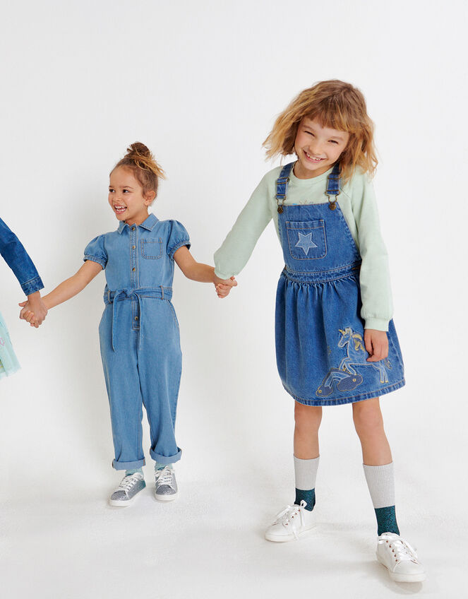 Unicorn Denim Pinny Dress, Blue (BLUE), large