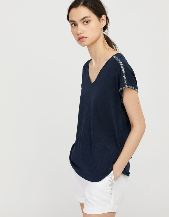 Liza Metallic Stitching T-shirt in Pure Linen, Blue (NAVY), large
