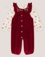 Newborn Floral Top & Velour Dungarees Set, Red (RED), large