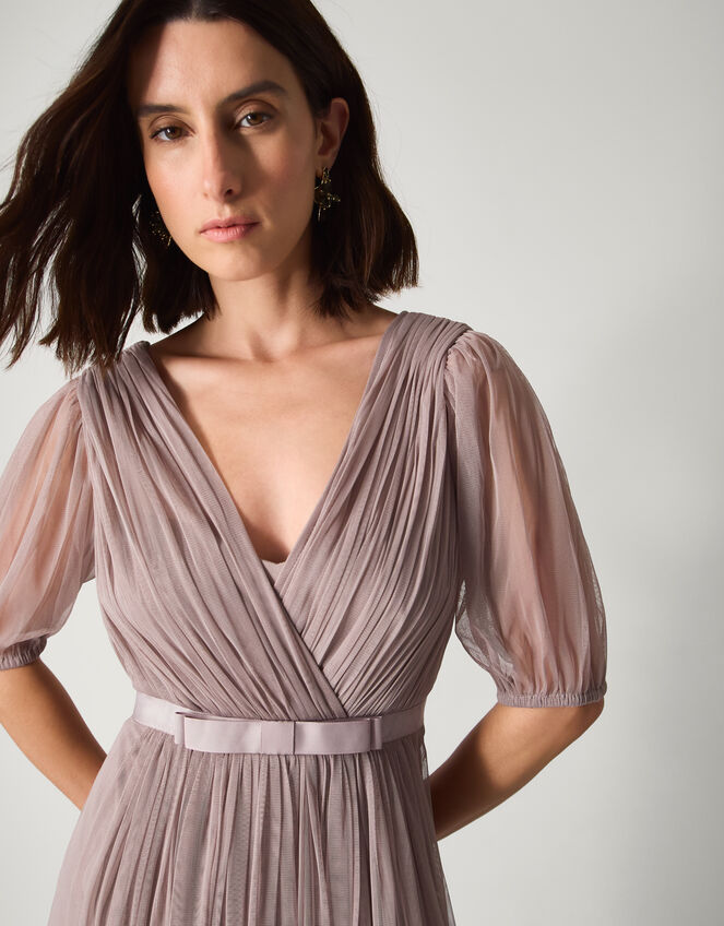 Ellie Sheer Sleeve Plunge Tulle Maxi Dress Mink