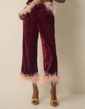 Emma Faux Feather Cropped Velvet Trousers, Red (BURGUNDY), large