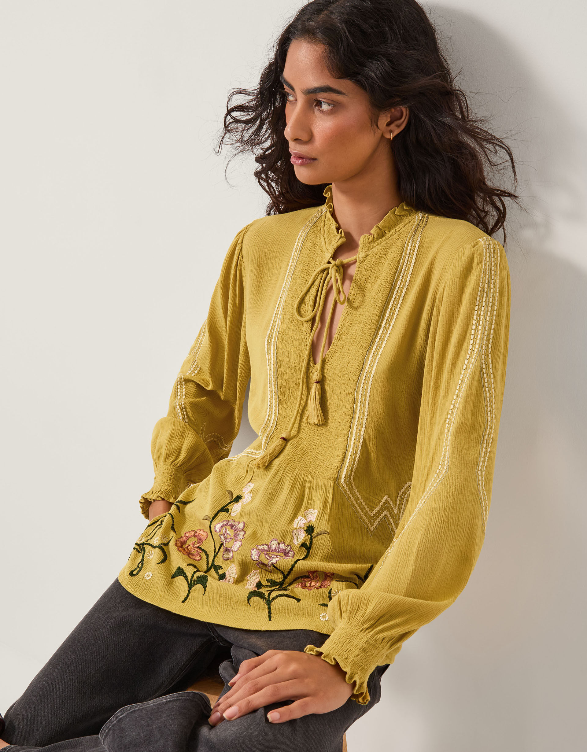 Heidi Floral Embroidered Tassel Blouse Green