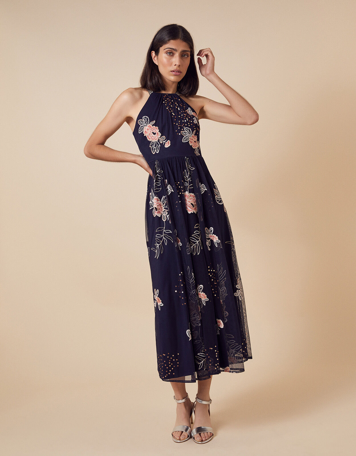Ellen Floral Embroidery Midi Dress in Recycled Fabric Blue Evening Dresses Monsoon UK