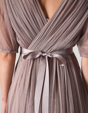 Ellie Sheer Sleeve Plunge Tulle Maxi Dress, Mink (MINK), large